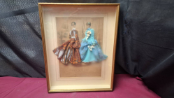 La Mode Illustree 3D Shadow Box Prints w/ Fabric Dresses framed. Dimensions 33x43 cm