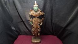 Antique Burmses Puppet carved wooden body with a face painted in green tones 70 cm high base 18x17 cm