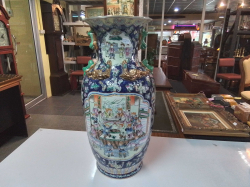 A Large Ornate Chinese porcelain floor vase hand painted Gilded around on Wooden craved stand