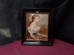 A framed Enamel on copper of a girl by Helga W26cm. H31cm. 
