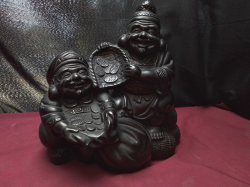 2 Lucky Gods figuurines' Daikokuten and Ebisu,made frome Dark smoked -fired clay 