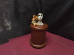 Art Deco pierrot porcelain Glazed melancholy sad clown face ,on hardwood spindle Lidded/ Trinket barrel 