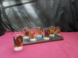 vintage 1960s Ribbed glass barware set featuring wildlife arranged on a matching serving tray
