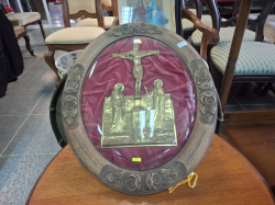 A Wooden Framed and brass crucifix  with brubles glass 
H51cm. W42cm.