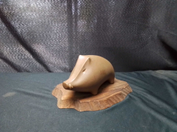 Vintage 1970s Japanese Ceramic wild boar hog,bronze glase ,on Wooden Plaque 