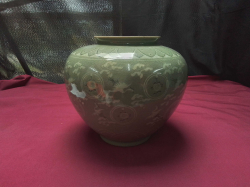 A Mid Century Korean samgam celadon moon jar snowy peat
H19cm. W22cm.