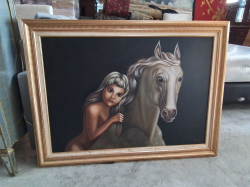 A Large Oil on Canvas of a girl and horse 
H87cm. W117cm.