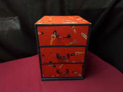 A 3 drawer vintage Japanese chiyogami washi Tensu chest decorated with Geishas