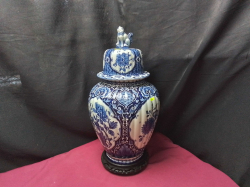 A Nice Large Lidded blue and white Delft jar on a wooden stand 
H33cm.W14cm.