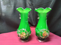 A Nice Pair of green glass vase with raised flowers 
H24cm. W8cm.