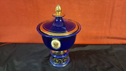 Cobalt blue ceramic lidded jar gold trim Italian Neoclassical-style patterns. To rim 16 Cm high all over high 24 cm