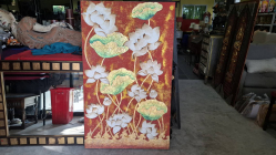 A Painting of lotus flowers and leaves red background, Dimensions 90x150 cm