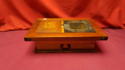 A Wooden Desk Smoking set with Art Deco Ashtray and storage. 
L29cm. W18cm. H9cm.