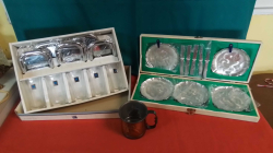 A Mixed lot of a copper mugs, Martian Soto soji stainless steel desert, Twin bird galaxy draft set clear glasses with matching coaster in original box 

