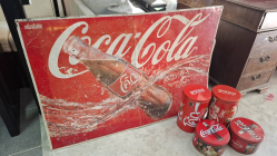 Vintage Coca-Cola sign and tins. Sign's dimensions 120.5x80 cm