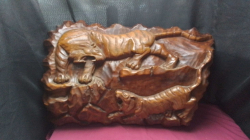 Hand carved wood Tigers panel.
H47cm.W72cm.