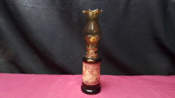 Vintage amber glass minature oil lamp featuring a antique world map with Latin calligraphy and has a fluted Chimney. 
H23 W5cm.