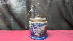 A Flo -blue biscuit  barrel with metal wid. 
H12 W13cm.