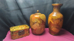 A Lovely set of enameled Vases and an enameled box with a Chinese lock.