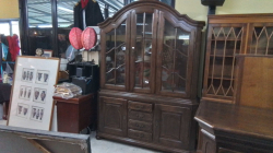 A Lovely Oak French. Dome top glass Fronted display cabinet. With 4 drawers and two cupboard. 
H2.20m W160 D42cm.