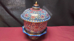 Very nice Benjarong colored bowl with matching pedestal tray with heavy gilt to each piece perfect condition 9