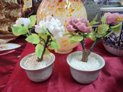 Two Vintage Chinese Jade Bonsai Tree Asian Flowers Celadon pot(small)