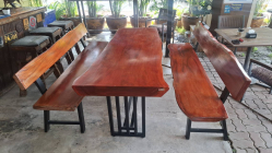 Loft style natural edge solid wood long table with matching benches black metal frame legs by Asia Furniture (Dimensions 200 cm Length, 82 cm High, 84cm Width)